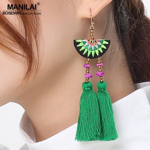 MANILAI Unique Embroidery Bohemian Dangle Earrings For Women Beads Cotton Tassel Long Drop Earrings Ethnic Fringe Brincos