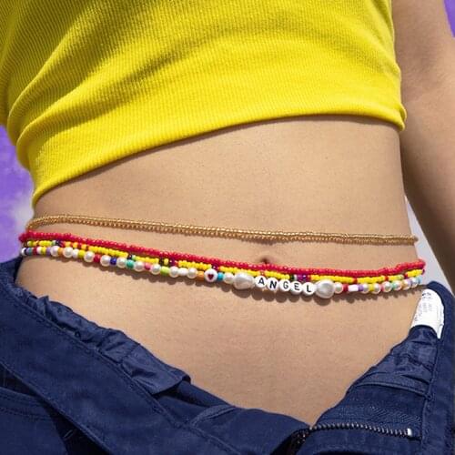 Bohemian 4PCS Rainbow Bead Angel Letter Waist Chain for Women Handmade DIY Vintage Heart Body Accessories 90s Aesthetic 2021 New