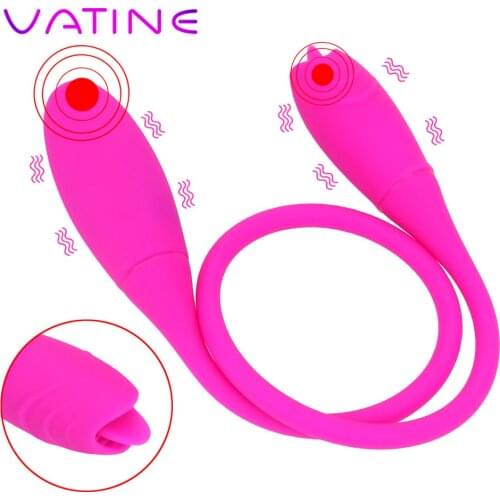 VATINE Sex Toys for Women Clitoris Stimulator Erotic Butt Plug Dual Ended Long Vibrator Double Head Tongue Vibrator 7 Speed