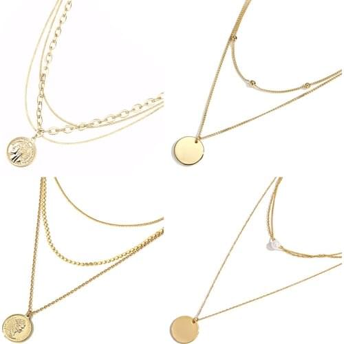 Vintage Multiple Layered Necklaces Stainless Steel Necklaces Women Chain Necklace Coin Moon Long Necklace Women Necklace Jewelry