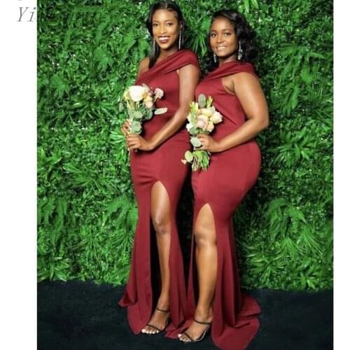 YiMinpwp Burgundy Mermaid Bridesmaid Dresses One Shoulder Side Split Sweep Train Simple Country Garden Wedding Guest Party Gowns