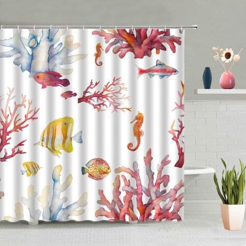 Coral Fish Shower Curtain Cartoon Ocean Biology Bathroom Wall Hanging Curtains Waterproof Hook Bathtub Screen Home Decor Set
