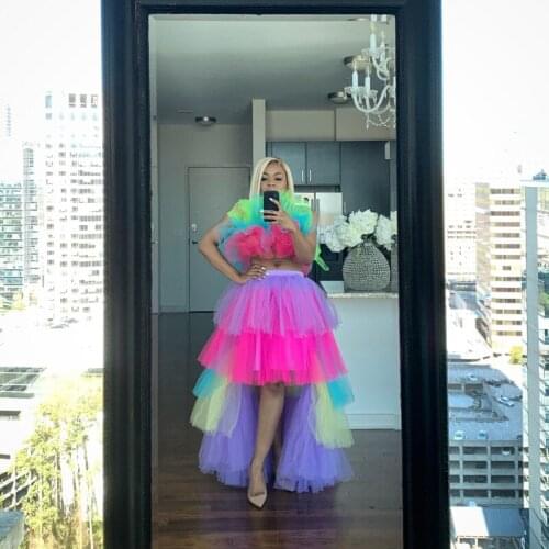 2019 Rainbow High Low Tulle Skirts Fashion Colorful Long Tutu Skirts Elastic Custom Made Faldas Largas Mujer Female