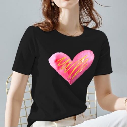 Womens Black Fashion All-match Tops Tee Commuter Casual Female T-Shirt Summer Love Pattern Print Ladies Harajuku Short Sleeve