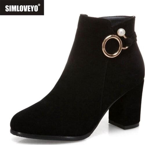 SIMLOVEYO Womens half boots Ankle boots Flock Square-Heeled Side Zipper Short-Tube Boots Belt Buckle High Heel British Style