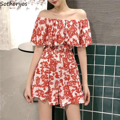 Rompers Women Printed Off Shoulder Leisure Chic Summer Elegant Womens Sexy Playsuits Short Sleeve Chiffon Sweet Loose Slim Retro