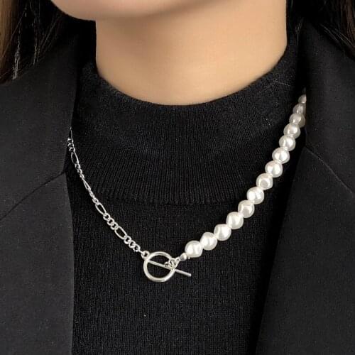 Asymmetrical Thick Chain Irregular Pearl Choker Necklace Women Punk OT Buckle Geometric Clavicle Necklace Colar Jewelry Gift