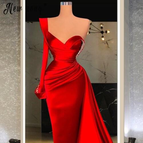 Vintage Red Mermaid Satin Prom Dresses High Slit Pleats One Long Sleeve vestido de gala One Shoulder Women Formal Evening Gowns