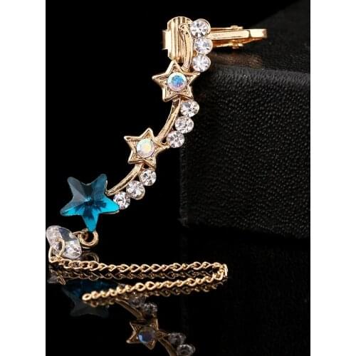 ZLDYOU 2pcs/set Fashion Blue Star Crystal Ear Cuff Long Tassel Earcuff Jewelry Wedding Women Gifts Chain Functional Clip Earring
