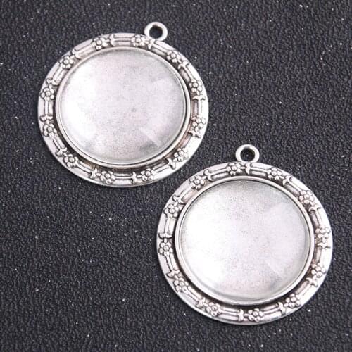 2pcs Antique Metal Alloy flower cameo 40*45mm(Fit 30mm) Round Cabochon Pendant Setting Jewelry Blank Pendant Tray