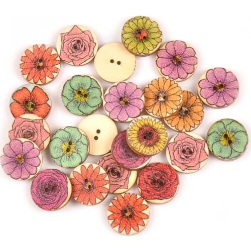 20/25mm 50pcs Round Mixed Flower Pattrtn Wooden Buttons For Clothing Sewing Crafts Scrapbooking Decorative DIY Accessories M0837