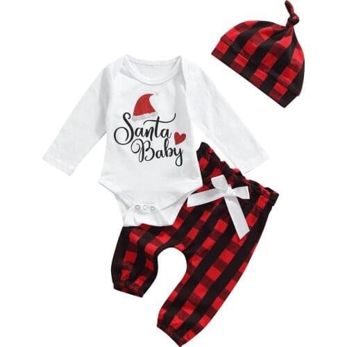 3Pcs Christmas Baby Girls Boys Outfit, Letter Printing Long Sleeve Round Collar Romper + Bow Plaid Long Pants + Cap Set