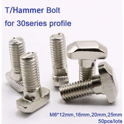 30 series Aluminum Profile Nickel-plated carbon steel M6 12mm 15mm 20mm 25mm T/Hammer bolt 50pcs one lot