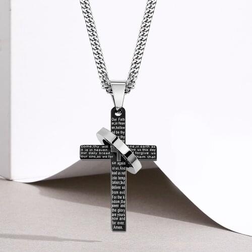 Retro Christian Jesus Single Titanium Scripture Cross Necklace Stainless Steel Black Prayer Choker Cross Pendants Chain For Men