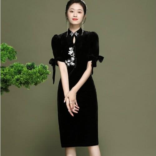 Black Cheongsam Dress Party 2021 Spring Summer Vintage Fashion Chinese Style Stand Collar Lace-Up Bow Sleeves Embroidered Slim