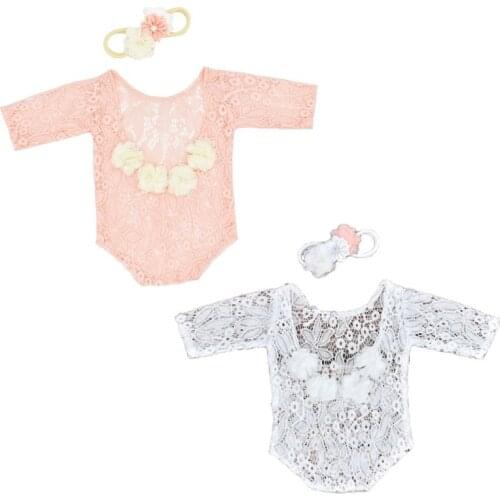 Baby Newborn Photography Props Costume Infants Lace Romper Jumpsuit+Pearl Headband Set Photo Shooting Accessories
