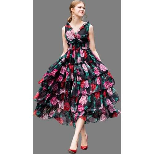 Women Dresses 2019 Spring Summer New Sweet Roses Printed Wood Ear V-neck Elastic High Waist Large Swing Cake Casual Dress Female