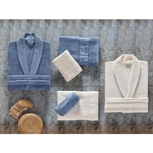 DowryWorld- Arliva Bamboo Family Bathrobe Set Blue Cream