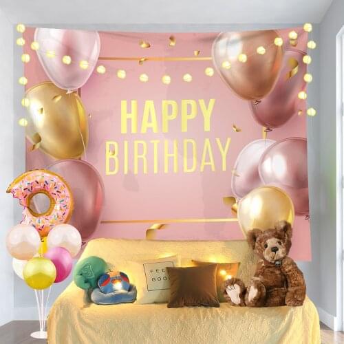 Birthday Party Hanging Cloth Home Colored String Lights Wall Hanging Tapestry Happy Birthday Donuts Balloons Steady Decoration