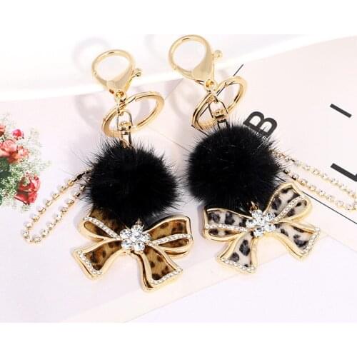 Creative Handmade Mink Hair Alloy Leopard Bow Keychain for Girls Fashion Bag Package Pendant