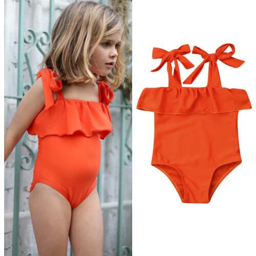 2021 New Baby Girl Orange Ruffled Tie Up Swimsuit Swimwear 6M-5Y Toddler Kids Summer Casul Solid Beachwear Bikini Bathing Suit