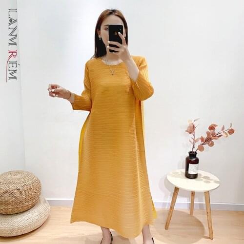 LANMREM Pleated Dresses For Women 2021 Large Size Stitching Color Temperament Summer Dresses Female YJ599