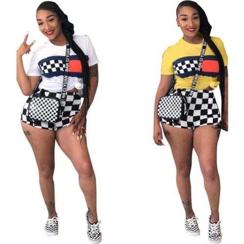 Summer short jumpsuit two pieces short sleeve plaid print overalls for women sexy jumpsuit body SS641