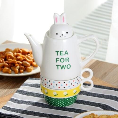 Cute Rabbit Cup Teapot Coffee Mug Milk Cup Ceramic 1 Pot 2 Cups Creative Cartoon Teapot Tea Set