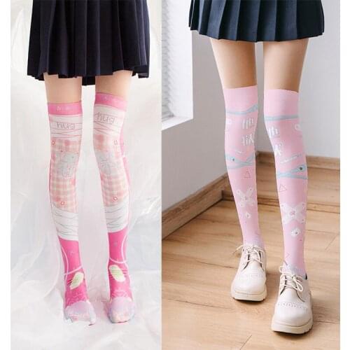 Cute Cartoon Pink Stockings Summer Women Over The Knee High Long Socks Japanese Cosplay Thigh Sexy Female Student Thin Stockings