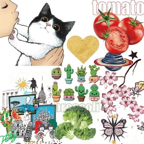 Vegetable Patches Cat Animal Iron On Transfers On Clothing Thermal Stickers On T-Shirt Flowers Heart Appliqued On Clothes Decor