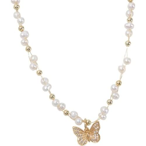 Niche Design Natural Baroque Butterfly Pearl Necklace Exquisite Retro Simple Wild Necklace Clavicle Chain