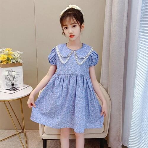 Summer New Children Girl Dress 4-9T Puff Sleeve Loose Kids Girls Double Lapels Dresses Casual Baby Clothes for Outdoor Hiking