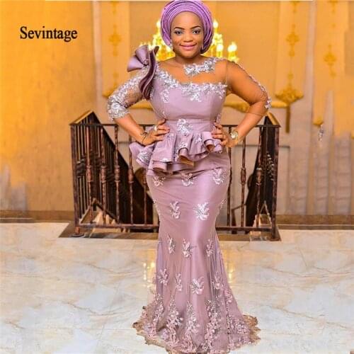 Sevintage Mermaid Arabic Evening Dresses Black Girl 3/4 Long Sleeves Lace Applique African Prom Dress Robe De Soiree