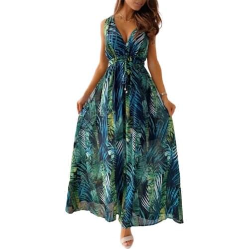 Bohemian Maxi Dresses for Women 2021 Sexy Deep V Neck Backless Lace Up Leaf Floral Print Sleeveless Beach Long Dress Summer