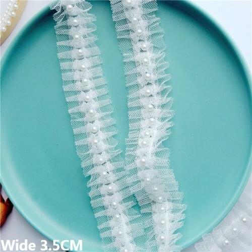 3.5CM Wide White Pink Mesh Pleated Lace Fabric Hand-beaded Fringe Lace Edging Trim Wedding Dresses Guipure Sewing Applique Decor