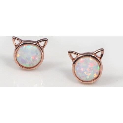 RH0093 White opal cute cat earrings plated rose gold ladies fashion earrings unique fire opal jewelry