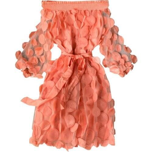 Spring And Autumn Three-Dimensional Flower Dress Sexy One-Word Neck Puff Sleeves Waist Slimming Lace Mesh Dress Women