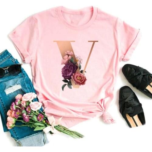 Pink 26 Alphabet Letter Women T-shirt Girl A To Z Alphabet Combination Flowers Short Sleeve Casual Korean Style Tops