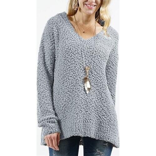 Womens Autumn And Winter Fashion V-neck Pure Color T-shirt Plush Long Sleeve Sweater For Women