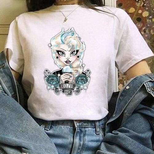 Disney Princess Elsa T Shirt New Women Bad Girl Printed Tops Cartoons Casual Clothes O-neck Short Sleeve Femme Vintage T-shirt