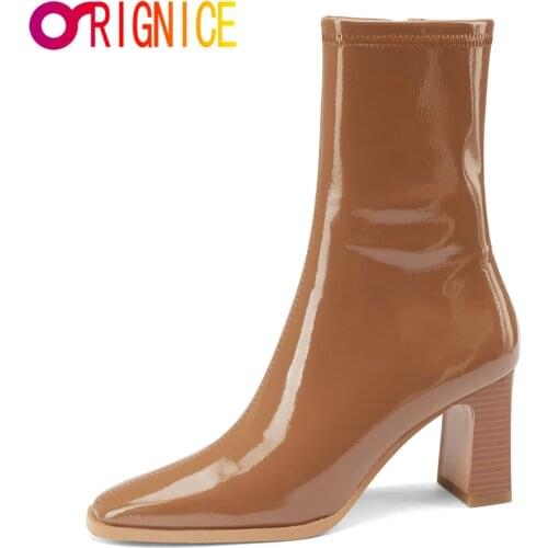 Orignice Patent Leather Ankle Boots Woman New Style Autumn Side Zipper Thick High Heels Fashion Square Toe Party Dance Shoes