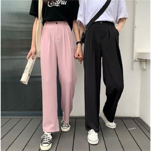 Women Wide Leg Pants 2021 Autumn Elastic Waist Pockets Button Fly Fashion Trousers Long Pants Casual Bottoms All Match
