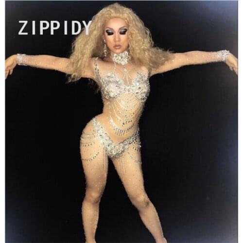 New Glisten Crystals Jumpsuit Costume Bling Big Stones Rompers Women Outfit Diamonds Bodysuit Birthday Celebrate Occasion Wear