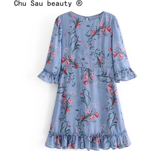 2021 Spring Summer New Vintage Print Slim Round Neck Ruffled Five-point Sleeve Holiday Mini Dress Women Ropa Mujer