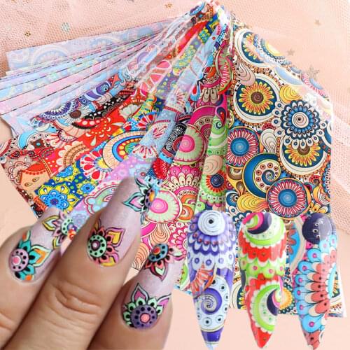 10pcs Graphic Nail Transfer Foil Graffiti Mandala Flowers Ethnic Style Tattoo Slider Sticker Design Nail Art Decoration NLXK1028