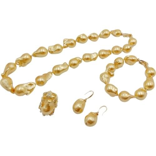 100% baroque freshwater PEARL JEWELRY SET NECKLACE,Bracelet ,ring and EARRING 925 silver earring hook,pearl size L 19-40 MM