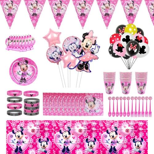 112pcs Minnie Mouse Party Balloons Supplies Napkin Silicone Bracelet Gifts Decor Disposable Dinnerware Sets For Kids Favor