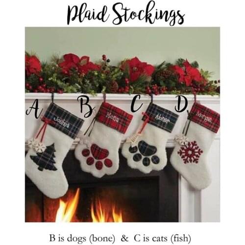12PCS Blank Paw Print Plaid Christmas Stocking Monogrammed Personalized Pet Cat Dog Stocking Fleece Plaid Santa Sack