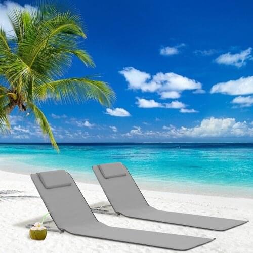 2pcs Foldable Beach Mats Grey Sun Lounger Beach Chair for Campsite Terrace Adjustable Garden Chairs with Storage Pocket
