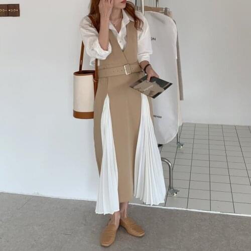 One Piece Sundress Women Two Piece Pleated Dress 2021 New Summer Vintage Patchwork OL Chiffon Long Dress Elegant Ladies Vestidos